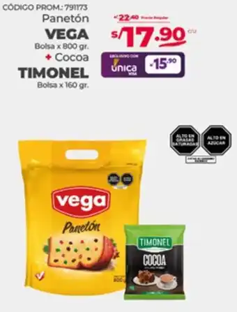Vega Panetón VEGA Bolsa x 800 gr + Cocoa TIMONEL Bolsa x 160 gr. oferta