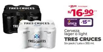 Vega Cerveza lager o light TRES CRUCES Six pack /Lata x 355 ml. oferta