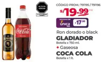 Vega Ron dorado o black GLADIADOR Botella x 750 ml. + Gaseosa COCA COLA Botella x 1 lt. oferta