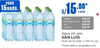 Makro Agua sin gas SAN LUIS Pack de 15 unds. x 750 ml c/u oferta