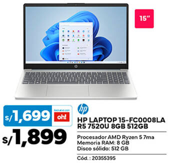 Plaza Vea HP LAPTOP 15-FC0008LA R5 7520U 8GB 512GB oferta