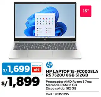Plaza Vea HP LAPTOP 15-FC0008LA R5 7520U 8GB 512GB oferta