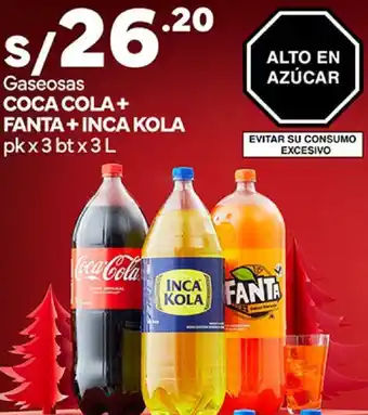 Plaza Vea Gaseosas COCA COLA + FANTA+INCA KOLA pk x3 bt x 3 L oferta