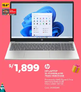 Plaza Vea HP LAPTOP 15-FC0008LA R5 7520U 8GB 512GB oferta