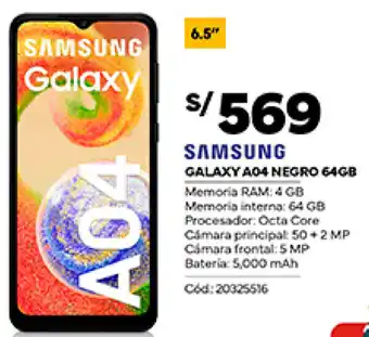 Plaza Vea SAMSUNG GALAXY A04 NEGRO 64GB oferta