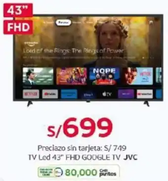 Tottus JVC Preciazo sin tarjeta TV Led 43" FHD GOOGLE TV oferta