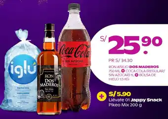 Tambo RON AÑEJO DOS MADEROS 750 ML COCA COLA (REGULAR/ SIN AZÚCAR) 1L + BOLSA DE HIELO 1.5 KG oferta