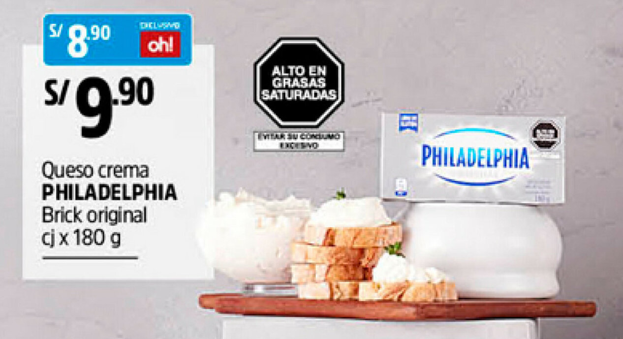 Queso Crema Philadelphia Brick Original 180g oferta en Plaza Vea