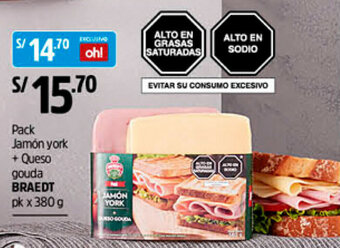Plaza Vea Pack Jamón York + Queso Gouda Braedt 380g oferta