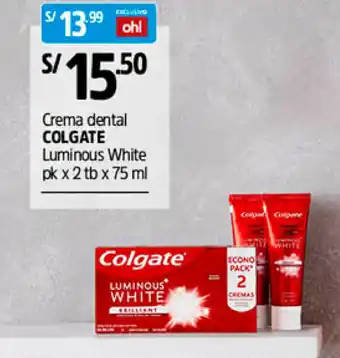 Plaza Vea Colgate Crema Dental Luminous White 2x75mlml oferta
