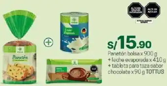 Tottus Panetón bolsa x 900 g + leche evaporada x 410 g + tableta para taza sabor chocolate x90 g TOTTUS oferta