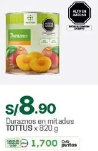 Tottus Duraznos en mitades TOTTUS x 820 g oferta