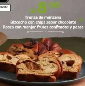 Tottus Trenza de manzana Bizcocho con chips sabor chocolate Rosca con manjar frutas confitadas y pasas oferta