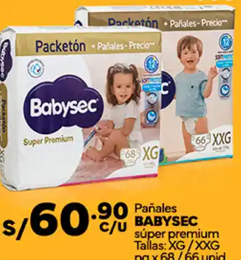 Plaza Vea Pañales BABYSEC súper premium Tallas: XG/XXG pq x 68/66 unid oferta