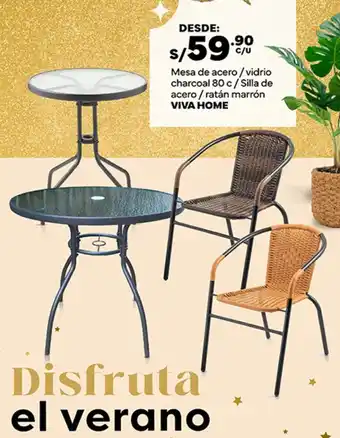 Plaza Vea Mesa de acero / vidrio charcoal 80 c/ Silla de acero / ratán marrón VIVA HOME oferta
