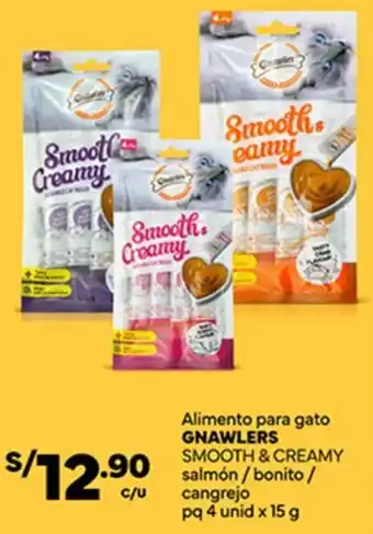 Alimento para gato GNAWLERS SMOOTH & CREAMY salmón/bonito/ cangrejo pq 4 unid x 15 g