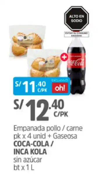 Plaza Vea Empanada Pollo/Carne 4 unid + Coca-Cola/Inca Kola 1L oferta