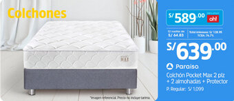 Plaza Vea Paraiso Colchón Pocket Max 2 plz + 2 Almohadas + Protector oferta