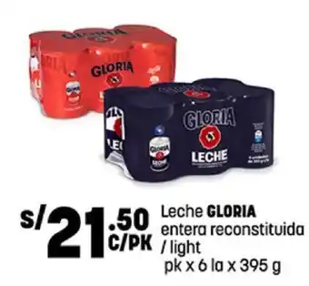 Plaza Vea Leche GLORIA entera reconstituida light pk x 6 la x 395 g oferta