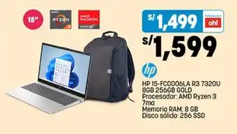 Plaza Vea HP 15-FC0006LA R3 7320U 8GB 256GB GOLD oferta