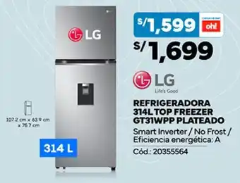 Plaza Vea LG REFRIGERADORA 314L TOP FREEZER GT31WPP PLATEADO oferta
