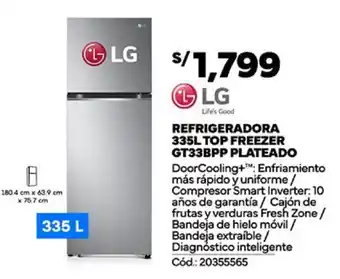 Plaza Vea LG REFRIGERADORA 335L TOP FREEZER GT33BPP PLATEADO oferta