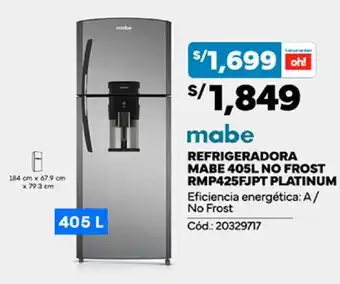 Plaza Vea REFRIGERADORA MABE 405L NO FROST RMP425FJPT PLATINUM oferta