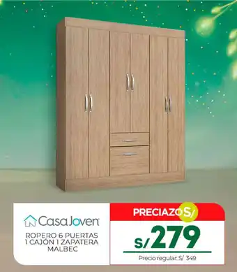 Tottus Casa Joven ROPERO 6 PUERTAS 1 CAJÓN 1 ZAPATERA MALBEC oferta