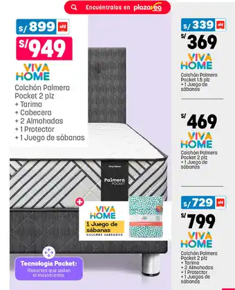 Plaza Vea Colchón Palmera Pocket 2 plz + Tarima + Cabecera + 2 Almohadas + 1 Protector + 1 Juego de sábanas oferta