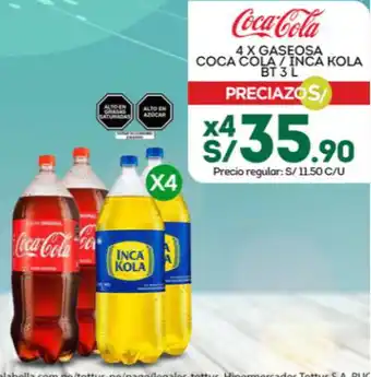 Tottus Coca-Cola 4 X GASEOSA COCA COLA/INCA KOLA BT 3 L oferta
