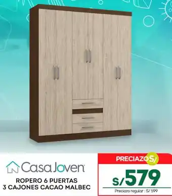 Tottus Casa Joven ROPERO 6 PUERTAS 3 CAJONES CACAO MALBEC oferta