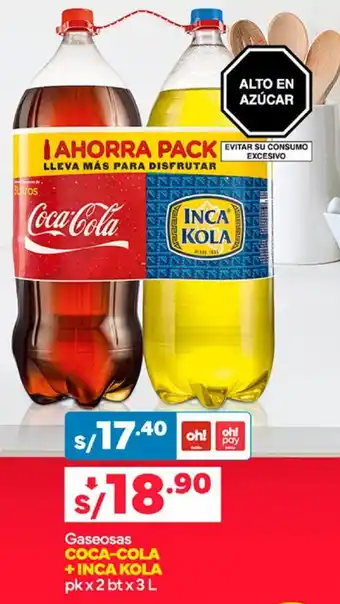 Plaza Vea Gaseosas COCA-COLA +INCA KOLA pk x 2 btx 3L oferta