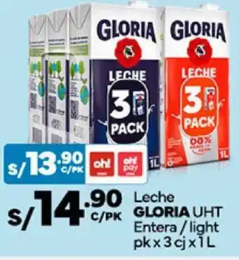 Plaza Vea Leche C/PK GLORIA UHT Entera/light pk x 3cj x 1L oferta