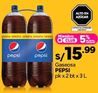 Plaza Vea Gaseosa PEPSI pk x 2 bt x 3L oferta