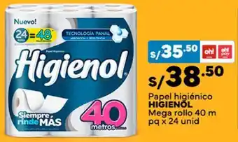 Plaza Vea Papel higiénico HIGIENOL Mega rollo 40 m pq x 24 unid oferta