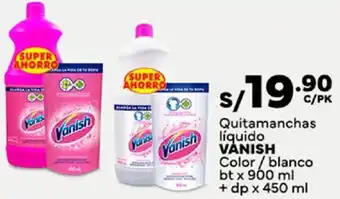 Plaza Vea Quitamanchas líquido VANISH Color/blanco bt x 900 ml + dp x 450 ml oferta