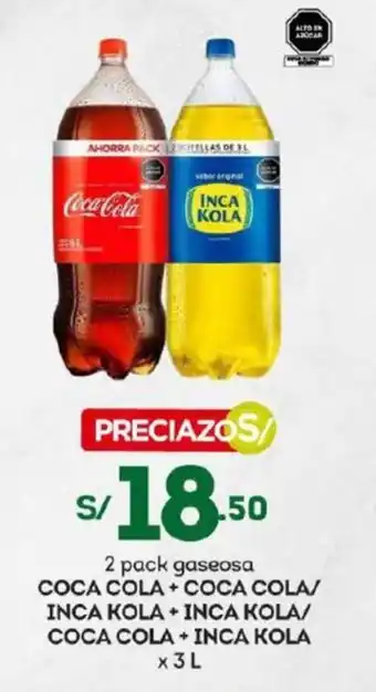 Tottus 2 pack gaseosa COCA-COLA / INCA KOLA x 3L oferta
