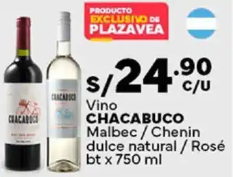 Plaza Vea Vino CHACABUCO Malbec / Chenin dulce natural / Rosé bt x 750ml oferta