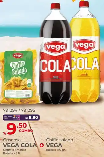 Vega Gaseosa VEGA COLA + VEGA Negra o amarilla Botella x 3lt + Chifle salado VEGA Bolsa x 150gr oferta