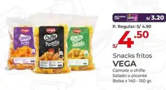 Snacks fritos VEGA Camote o chifle Salado o picante Bolsa x 140-150gr