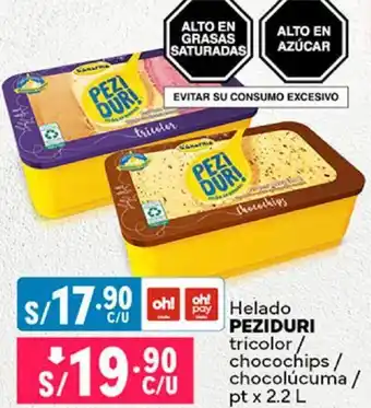 Plaza Vea Helado PEZIDURI tricolor/ chocochips / chocolúcuma/ pt x 2.2L oferta