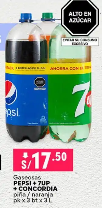 Plaza Vea Gaseosas PEPSI + 7UP + CONCORDIA piña / naranja pk x 3 bt x 3L oferta