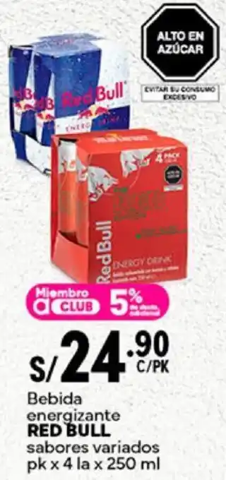 Plaza Vea Bebida energizante RED BULL sabores variados pk x 4 la x 250ml oferta