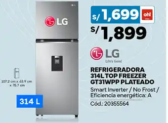 Plaza Vea LG REFRIGERADORA 314L TOP FREEZER GT31WPP PLATEADO oferta