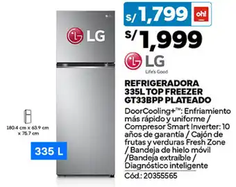 Plaza Vea LG REFRIGERADORA 335L TOP FREEZER GT33BPP PLATEADO oferta