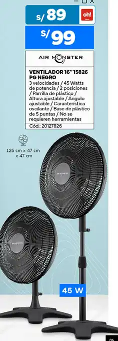 Plaza Vea AIR MONSTER VENTILADOR 16" 15826 PG NEGRO oferta