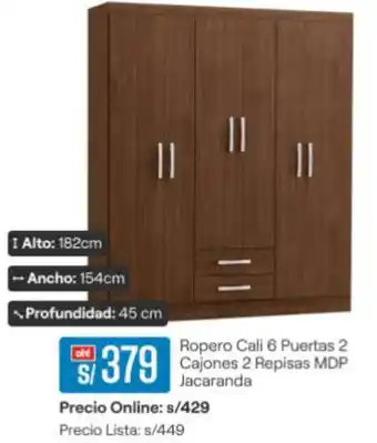Promart Ropero Cali 6 Puertas 2 Cajones 2 Repisas MDP Jacaranda oferta