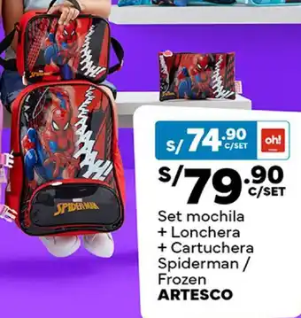 Plaza Vea Set mochila + Lonchera + Cartuchera Spiderman / Frozen ARTESCO oferta
