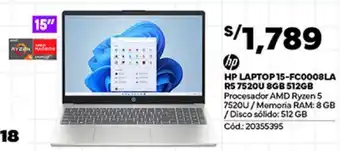 Plaza Vea HP LAPTOP 15-FC0008LA R5 7520U 8GB 512GB oferta