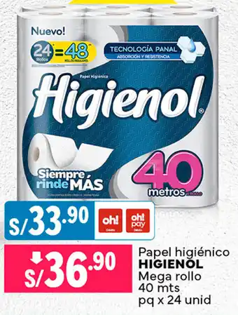 Plaza Vea Papel higiénico HIGIENOL Mega rollo 40 mts pq x 24 unid oferta